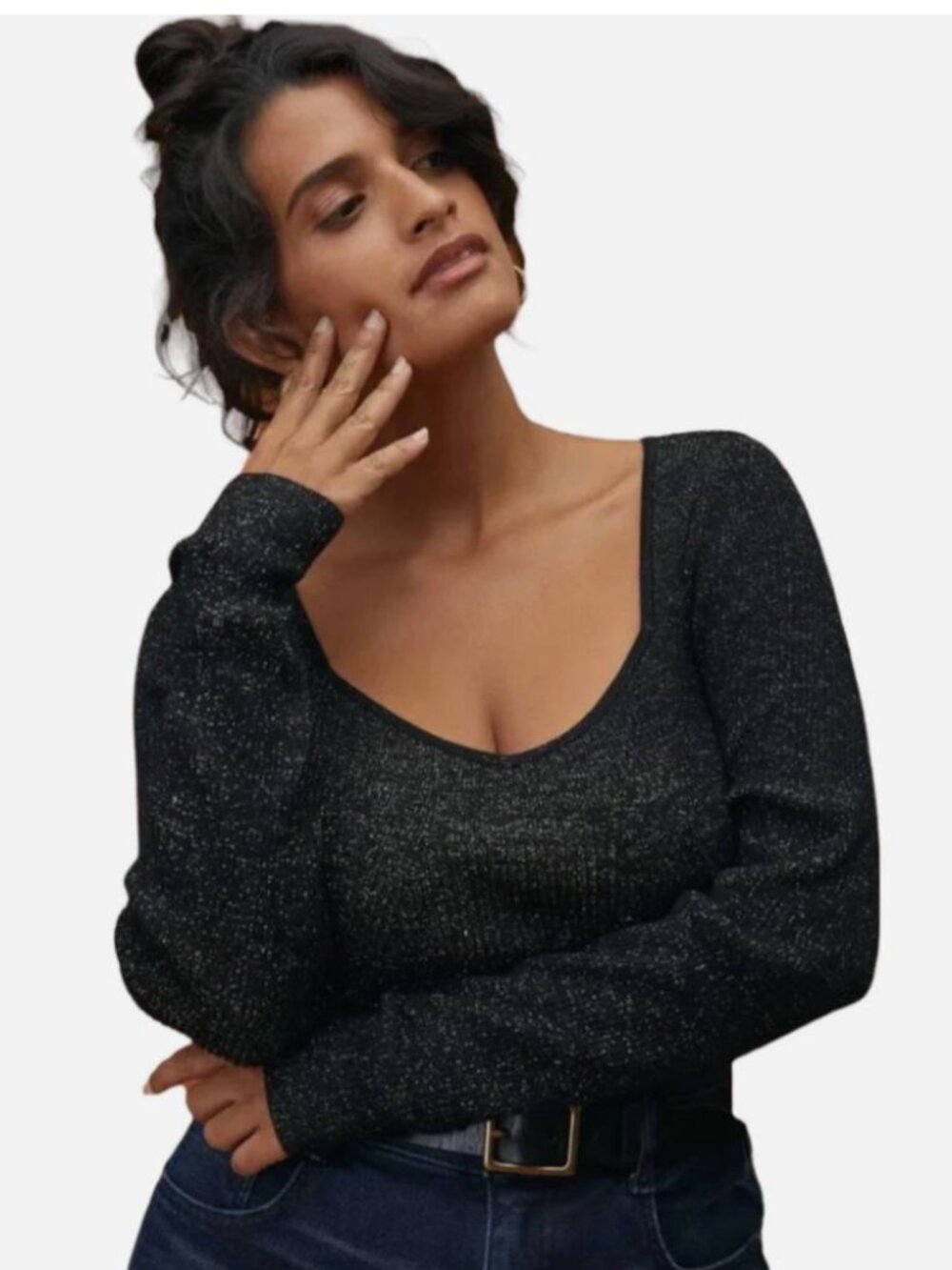 Anthropologie Black Silver Metallic Sweetheart Ribbed Shimmer Knit Sweater M